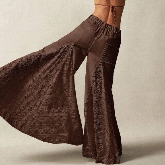 Brown Casual Women's Bohemian Style Woven lace detailed Flared Mid-Waist Pants - Picture 2 of 7